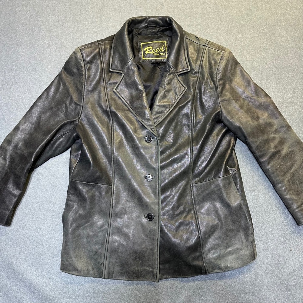Reed Leather Blazer Jacket Womens XL Black Vintage 3 Button Distressed Coat